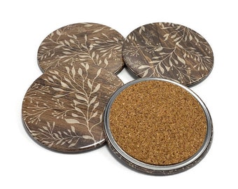 Set of 4 Drink Coasters  Coaster Set in Wood Leaves