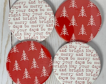 Set of 4 Red and White Christmas Coasters in Merry and Bright