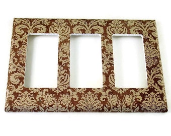 Triple Rocker Switch Plate in Brown and Cream Damask (221TR)