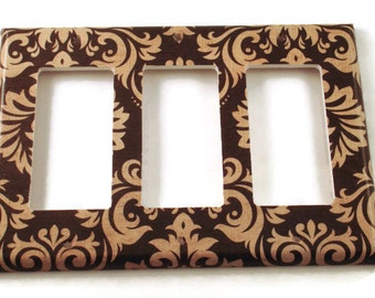 Triple Rocker Light Switch Covers  Switchplate Switch Plate in Black and Tan Damask (089TR)