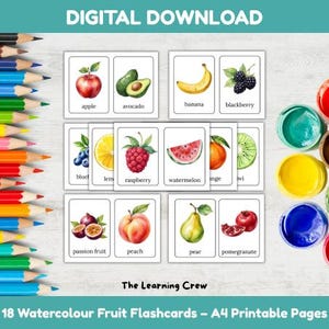 18 Flashcards de frutas em aquarela para impressão Montessori com palavras, cartões educacionais A4, download digital para crianças, para sala de aula pré-escolar