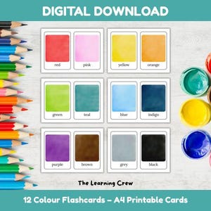 12 Flashcards Montessori para colorir, cartões coloridos para pré-escola, educativos, para impressão, download instantâneo para crianças, aprendizagem e educação infantil