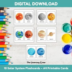 10 Montessori Solar System Flashcards Printable for Kids Educational Planet Learning Cards Space Watercolour A4 Printable Instant Download
