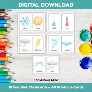10 Flashcards de clima Montessori para aprendizagem pré-escolar A4 Cartões de clima educacionais para impressão para crianças Download instantâneo Aquarela
