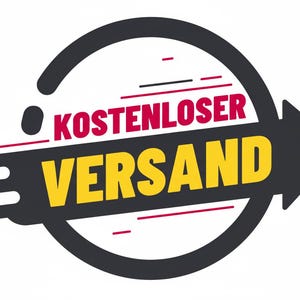 Może przedstawiać: Grafika z napisem "KOSTENLOSER VERSAND" w kolorze czerwonym i ż&oacute;łtym, na tle czarnej strzałki i okręgu. Strzałka wskazuje w prawo, a tekst jest pogrubiony, czcionką bezszeryfową.