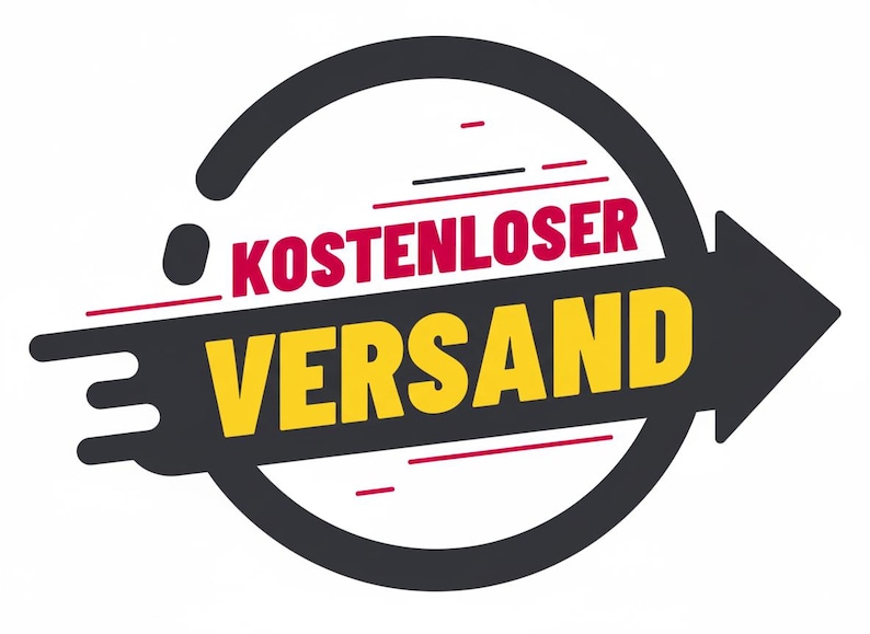 Może przedstawiać: Grafika z napisem "KOSTENLOSER VERSAND" w kolorze czerwonym i ż&oacute;łtym, na tle czarnej strzałki i okręgu. Strzałka wskazuje w prawo, a tekst jest pogrubiony, czcionką bezszeryfową.