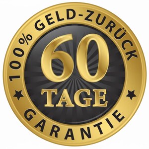 Może przedstawiać: Złota i czarna okrągła odznaka z napisem "100% GELD-ZUR&Uuml;CK" na g&oacute;rze, "60 TAGE" na środku i "GARANTIE" na dole. Liczba "60" jest złota.