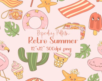 Retro Summer Seamless Pattern, Beach Theme, Surface Pattern (Digital Download)