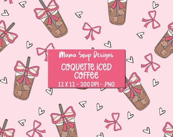 Coquette Iced Coffee Pattern | Pink Bows Seamless File (Digital Download, Commercial Use License)