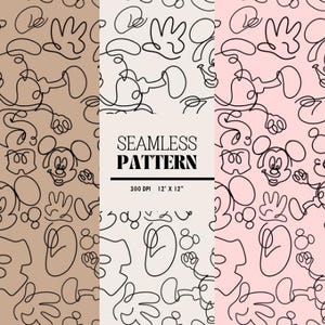 May include: Three seamless patterns featuring a black line drawing of Mickey Mouse's head and hand on a brown, white, and pink background. The text "SEAMLESS PATTERN" is centered at the top of the white pattern. The text "300 DPI 12" X 12" is centered below the text "SEAMLESS PATTERN".