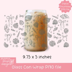 May include: A glass can wrap PNG file featuring a design of seashells, bows, and stars. The design is in gray on a light pink background. The can wrap measures 9.75 x 5 inches. Text on the image includes "Digital Download PNG file" and "Glass Can Wrap PNG file".