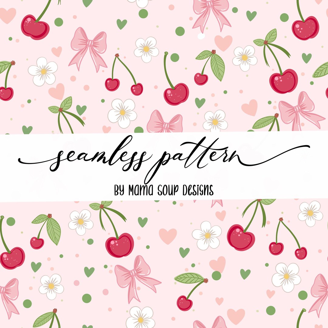 Coquette Cherry Bow Seamless Pattern, Cherries Seamless Pattern ...