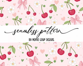 Coquette Cherry Bow Seamless Pattern, cherries seamless pattern, coquette seamless pattern