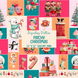 May include: A repeating pattern featuring Christmas-themed illustrations. The design includes images of a polar bear, penguin, carolers, gifts, ornaments, and a Christmas tree. The text "Patchy Christmas" is displayed. The pattern is 12" x 12" and 300 DPI.