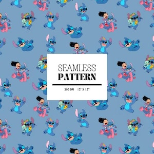 May include: A seamless pattern featuring a blue cartoon character with large ears and a mischievous expression. The character is repeated throughout the pattern in various poses, including holding a flower, riding a surfboard, and wearing a crown. The background is a light blue color.