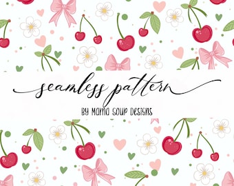 Cherry Bow Seamless Pattern, Coquette Fabric Design (Digital Download, 300 dpi PNG)