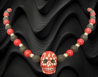 Sugar Skull Necklace ~ "URIEL" *Red Ceramic Hand-Painted Skull Bead