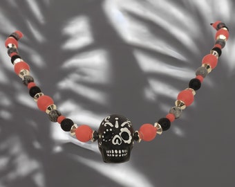 Sugar Skull Necklace ~ "MICHAEL" *Black Ceramic Hand-Painted Skull Bead