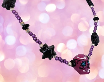 Sugar Skull Necklace ~ "RAGNAR" *Purple Ceramic Hand Painted Skull Bead