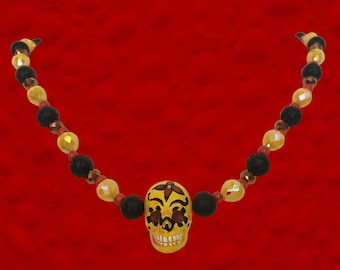 Sugar Skull Necklace ~ "BARACHIEL" *Yellow Ceramic Hand-Painted Skull Bead