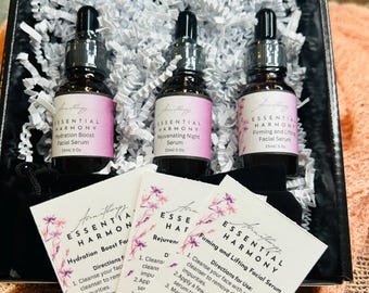 Natural Facial Serum Gift Set: Hydrating, Rejuvenating, Firming . Free Gua Sha and Roller Tools