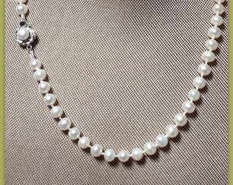 Fresh Water Pearl Necklace, 18 inches,  Lotus Pearls, White, Elegant Simple Necklace,  Fancy Sterling clasp, Beaded, knotted, single strand