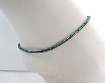 Green Beaded Boho Anklet: Adjustable Foot Jewelry