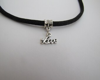 Love Charm Choker. 14 inch, Black Satin Cord, extender, Tibetan Silver charm and findings, charm detailed on front, Large Lobster Clasp