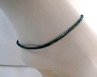 Green Beaded Boho Anklet: 9 1/4 inch, Adjustable Extender