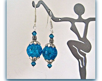 Blue Earrings, Beaded, Dangle, Drop Earrings,  Sparkling Blue Glass Earrings,  Tibetan Silver, Surgical Steel Fishhook Earwires Item 1203