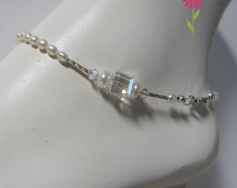 Freshwater Pearl Anklet: Swarovski Crystal Beaded Foot Jewelry, Wedding Jewelry