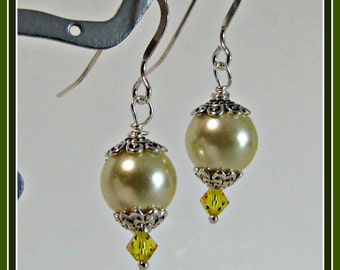 Yellow Pearl Earrings, Dangle Pearl Earrings, Faux Pearl Earrings, Sterling Earwires, Wedding Jewelry, Bridal, Casual Jewelry,  Item 1185