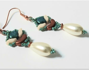 Faux Pearl Tear Drops, Turquoise, Copper accent beads, Copper Ear wires. Dangle  Earrings Dress up or down