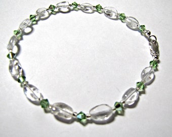 Quartz Crystal Anklet: Peridot Swarovski Crystals, Beaded Foot Jewelry