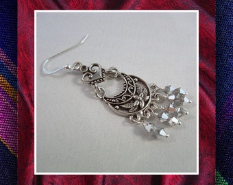 Crystal Chandelier Earrings, Dangle Heart Earrings, Pewter Filigree Heart Earrings,  Jewelry Accessories, Sterling Earwires, Item #447