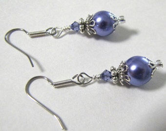 Purple Dangle Earrings, Pearl Earrings, Purple Pearl Earrings, Purple Drop Earrings, Bridesmaid Earrings, Wedding Earrings, Surgical Wires