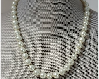 Ivory Celestial Faux Pearl Necklace, 16 inches, Elegant Simple Necklace,  Lobster clasp,  Knotted,  8 mm Beaded, single strand