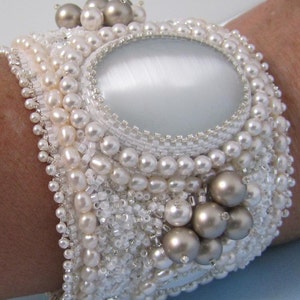 Pearl Cuff Bracelet, Bead Embroidery,Cat Eye Cabochon, White Freshwater Pearls, Beadwork.  Weddings, Bridal, Special Occasions,  Handmade