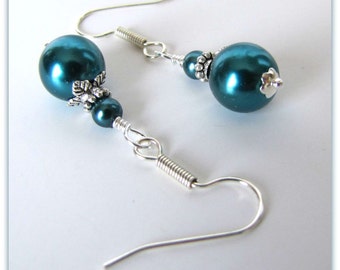 Teal Pearl Earrings,   Bridesmaid Earrings, Dangle Earrings , Beaded Earrings,  Silver, Surgical Earwires 1113, Ready to ship.