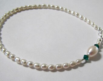 Freshwater Pearl Anklet with Emerald Swarovski Crystal (9.5 inch)