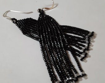Black Long Dangle Earrings,  Silver embellishments .925 Sterling Silver Earwires, Drop,  Chandelier Seed Beaded Earrings.