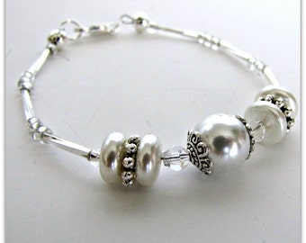 Pearl Bracelet, White Pearl Bracelet, Beaded Bracelet, Bridesmaids Bracelet, Tibetan Silver Bead Caps and findings 6 3/4 in Item 1125