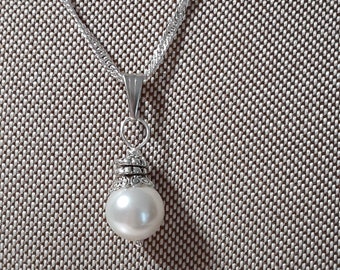 Swarovski Pearl Pendant, Drop Pearl, 16 inch Singapore silver Chain, White Pearl charm drop, silver embellishments, Weddings, all occasions