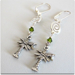 Palm Tree Earrings,  Pewter Earrings,  Olive Green Swarovski Crystal, Lever back Earwires, Silver, Handmade, Dangles,  Handmade #936