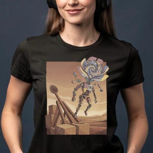以下が含まれることがあります： 黒いTシャツ。花のような頭を持つロボットとカタパルトのシュールなイラスト。アートワークは砂漠の背景に設定され、茶色、青、黄色の色合いを使用しています。デザインは芸術的なスタイルです。