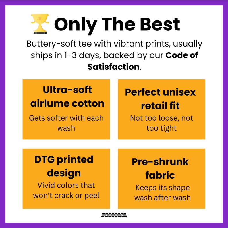 Może przedstawiać: Grafika z tekstem "Only The Best" i złotym pucharem. Grafika opisuje cechy koszulki: ultramiękka bawełna airlume, idealne dopasowanie unisex, projekt drukowany DTG i tkanina wstępnie skurczona.