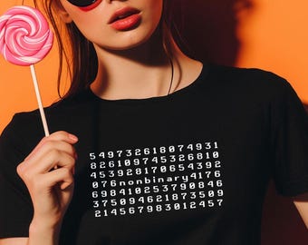 Może przedstawiać: Kobieta w czarnym t-shircie z białym napisem "549732618074931 826109745326810 453928170654392 076nonbinary4176 698410253790846 375094621873509 214567983012457"