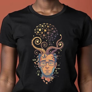 以下が含まれることがあります： 黒いTシャツ。頭部が開き、脳と渦巻く触手を表すカラフルなグラフィック。デザインにはバイナリコード、数学記号、ノードのネットワークが含まれており、テクノロジーと知性を暗示しています。