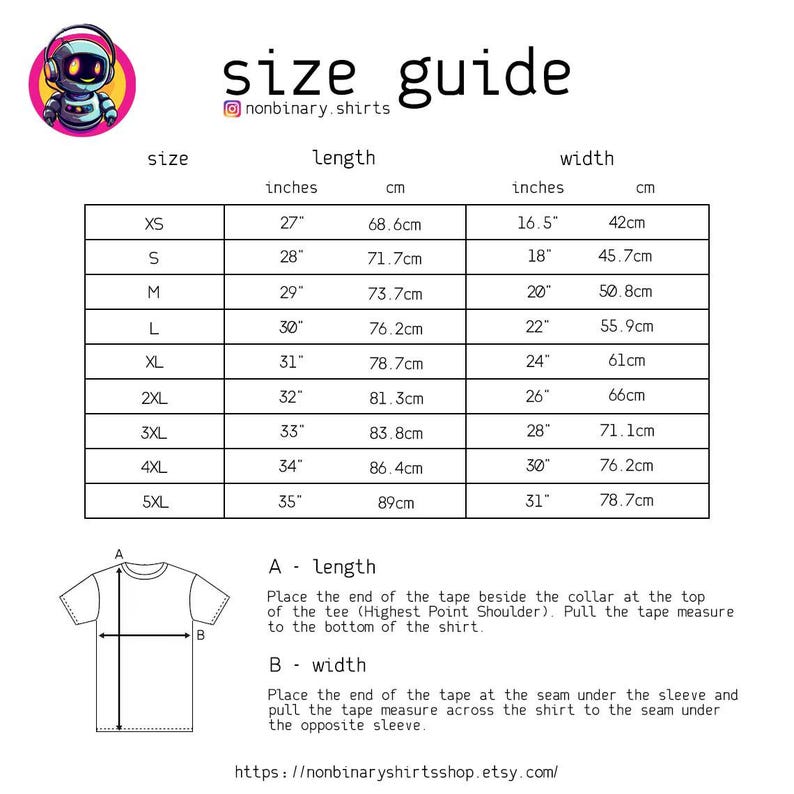 Puede incluir: Tabla de tallas para camisetas con medidas en pulgadas y cent&iacute;metros. La tabla muestra la longitud y el ancho de las camisetas en tallas XS a 5XL. La tabla tambi&eacute;n incluye un diagrama que muestra c&oacute;mo medir la longitud y el ancho de una camiseta.