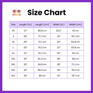 Peut inclure: Tableau des tailles pour les v&ecirc;tements avec des mesures en pouces et en centim&egrave;tres. Le tableau indique la longueur et la largeur des diff&eacute;rentes tailles, de XS &agrave; 5XL.